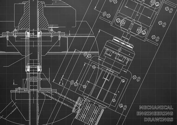 Mechanical engineering drawings. Technical Design. Blueprints. Black background. Grid - Vector, Image