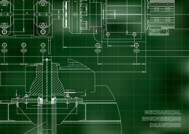 Mechanical engineering drawings. Technical Design. Engineering backgrounds. Blueprints. Green background. Grid - Vector, Image