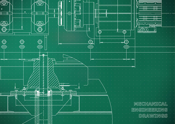 Makine mühendisliği çizimleri. Teknik Tasarım. Mühendislik geçmişi. Plan. Açık yeşil arka plan. Puan - Vektör, Görsel
