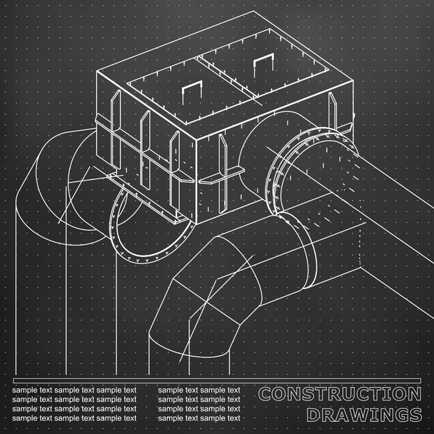 Drawings of steel structures. Pipes and pipe. 3d blueprint of steel structures. Black background. Points - Vector, Image