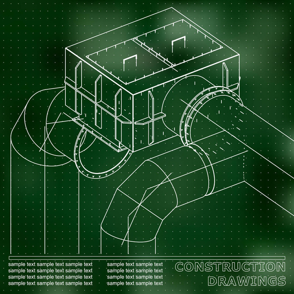 Zeichnungen von Stahlkonstruktionen. Pfeifen und Pfeifen. 3D-Entwurf von Stahlkonstruktionen. Grüner Hintergrund. Punkte - Vektor, Bild