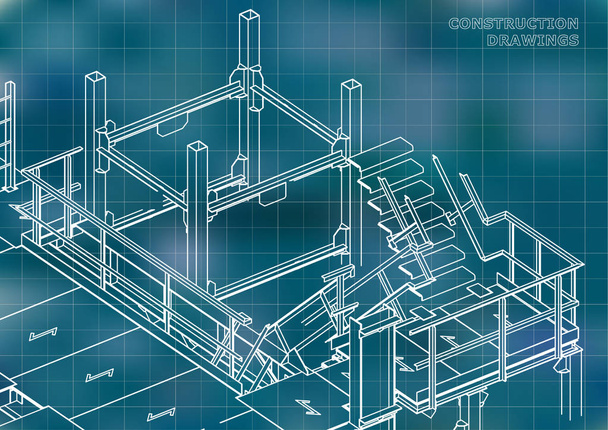 Building. Metal constructions. Volumetric constructions. Blue background. Grid - Vector, Image