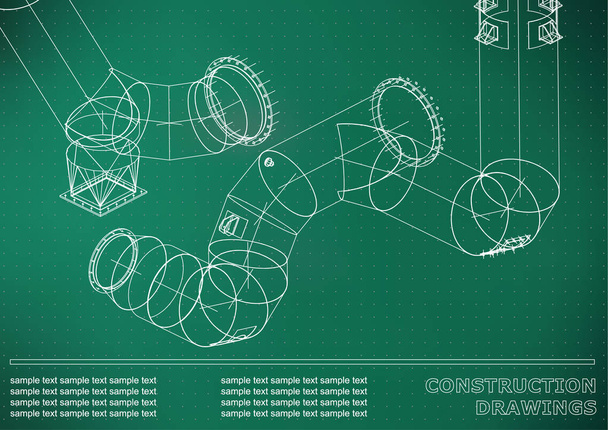 Drawings of steel structures. Pipes and pipe. 3d blueprint of steel structures. Cover, background for your design. Light green background. Points - Vector, Image