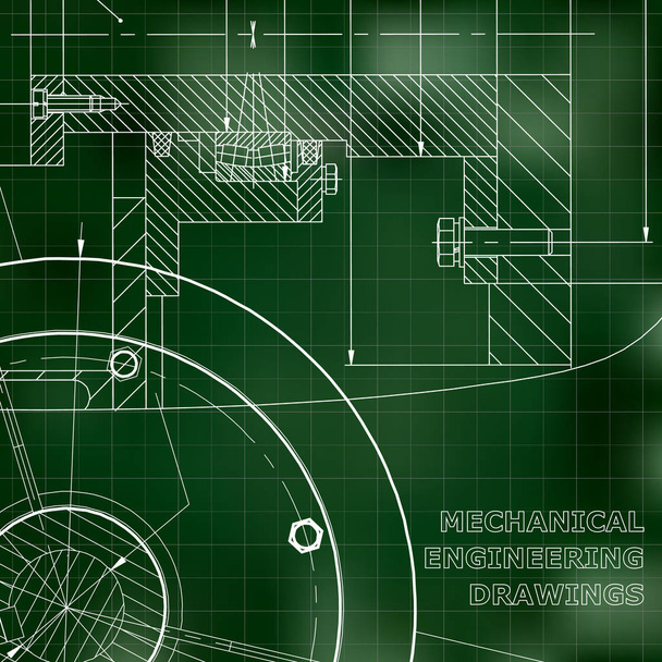 工学の背景。テクニカル イラスト。機械工学。技術的な設計。緑の背景。グリッド - ベクター画像