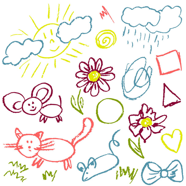 Kinderzeichnungen. Elemente für die Gestaltung von Postkarten, Hintergründen, Verpackungen. Drucke für Kleidung. Zeichnung von Wachsmalstiften auf weißem Hintergrund. Katze, Maus, Sonne, Regen, Blumen - Vektor, Bild