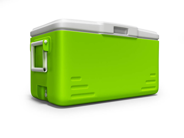 ドリンク分離 3 d レンダリング影と白い背景の上の緑のポータブル冷蔵庫 - 写真・画像