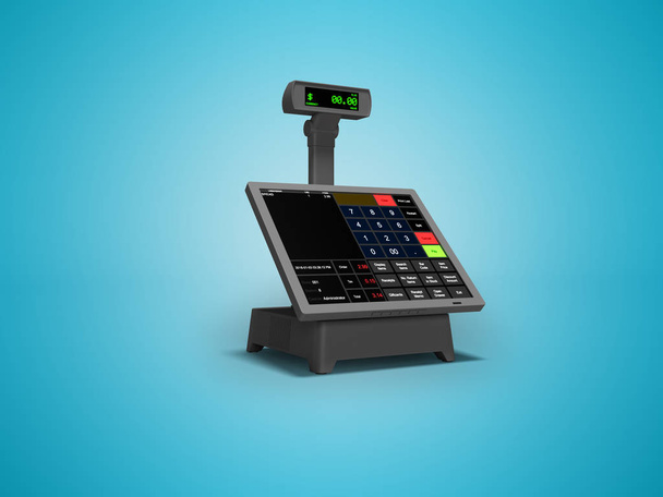 Touch pénztárgép rendering 3d áruk teszik a kék háttér, árnyék - Fotó, kép