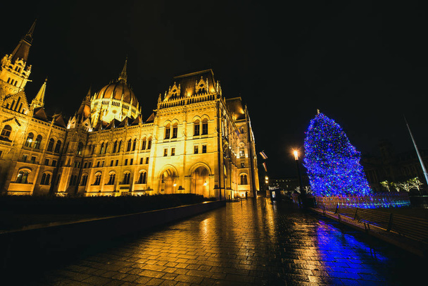 BUDAPEST, HUNGARY - DECEMBER, 2017. Famous Parliament building and decorated in blue holiday lights Christmas tree in the evening - Foto, immagini