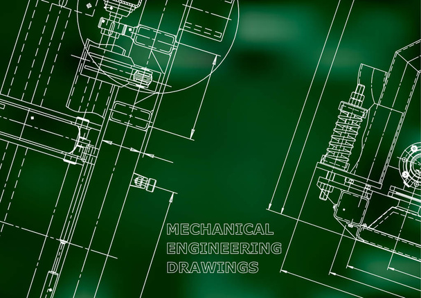 Blueprint, Sketch. Vector engineering illustration. Cover, flyer, banner, background. Instrument-making drawings. Mechanical engineering drawing. Technical illustration. Green background - Vector, Image