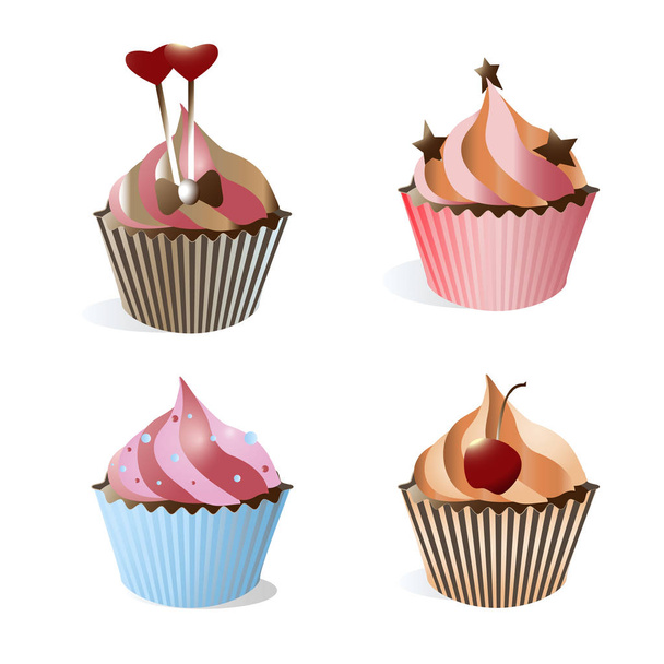 Vector illustration of four sweet birthday cupcakes - Vector, Image