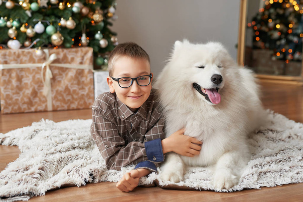 boy with dog near christmas tree on christmas background - Photo, Image