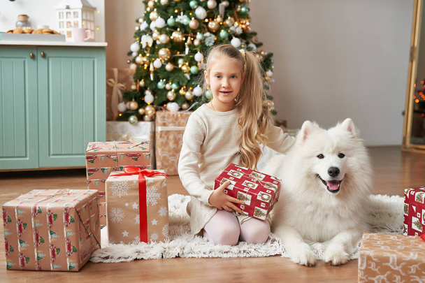 girl with a dog near the Christmas tree on the Christmas background - Foto, Imagen