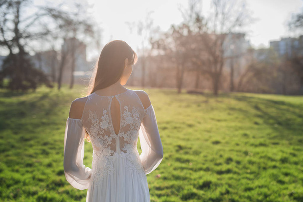 Krásná nevěsta na západ slunce v parku, zadní pohled - Fotografie, Obrázek