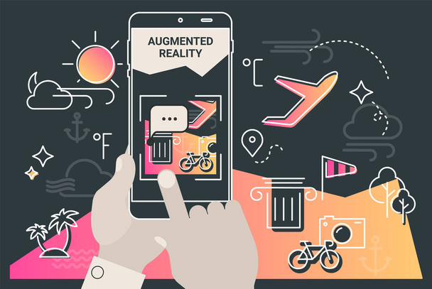 Conceito de aplicativo móvel de realidade aumentada, para navegação itinerante e atividade ao ar livre, geolocalização móvel e conteúdo de realidade aumentada
 - Vetor, Imagem