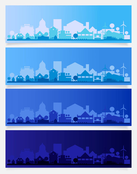 Cityscape set with various parts of city. Small towns or suburbs and downtown silhouettes - Vector, Image