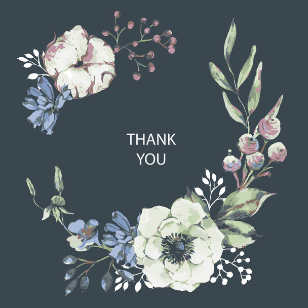 Векторная винтажная акварельная открытка с анемоном, полевыми цветами, хлопком, листьями и бутонами, ботаническая цветочная иллюстрация
 - Вектор,изображение
