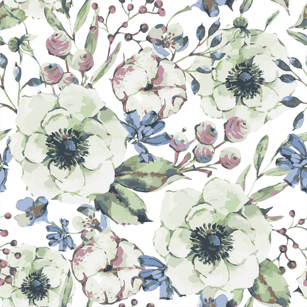 Vector vintage watercolor natural seamless pattern with anemone, wildflowers, cotton, leaf and buds, botanical floral illustration - Vector, Image