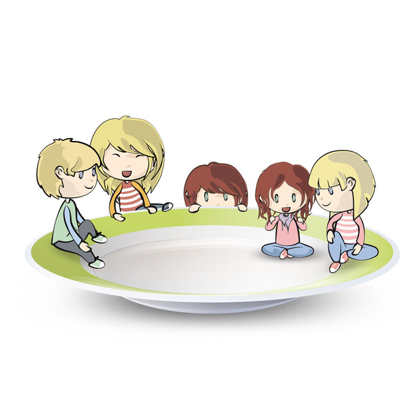 Kinder auf Teller auf isoliertem weißem Hintergrund. Vektordesign. - Vektor, Bild