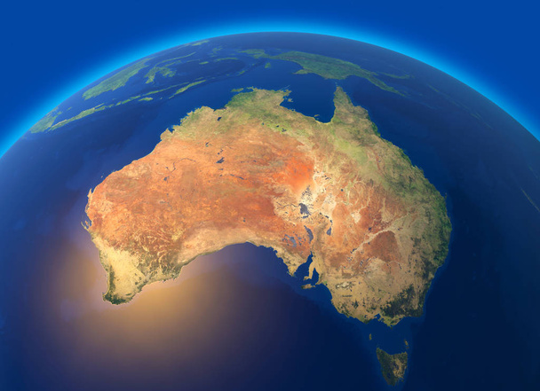 Mapa fizyczna świata, widok z satelity z Australii. Oceania. Całym świecie. Półkuli. Płaskorzeźby i oceanów. renderowania 3D. Elementy tego obrazu są urządzone przez Nasa - Zdjęcie, obraz