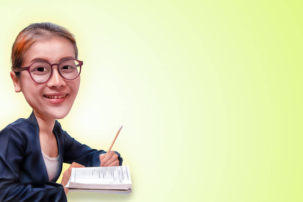 mulher asiática sorrindo e escrevendo no livro, desenho animado digital pintura de imagem e ilustração 3D
  - Foto, Imagem