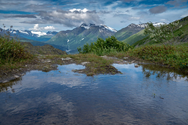 Невеликий ставок по стежці 98 з Річардсон шосе поблизу Вальдес Аляски. Це була оригінальна trail золотої лихоманки і проходить через гори і льодовики - Фото, зображення