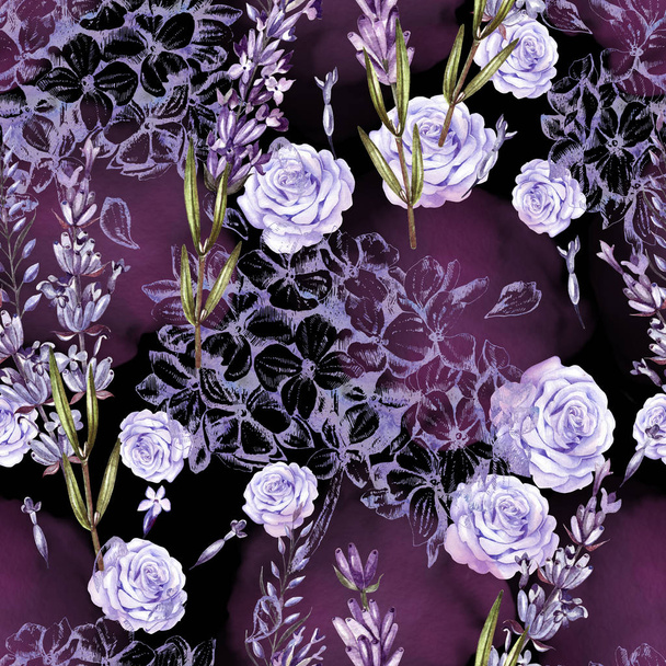schönes Aquarellmuster mit Rose, Lavendel, Hortensienblüten.  - Foto, Bild