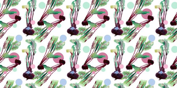 Beetroot seamless pattern, beet with watercolor illustrations, Beet pattern with leaves and purple root. Beet pattern with watercolor textures with leaves, seamless banner background with ripe beetroot, fresh beet root illustrated pattern. - Photo, image