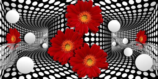 3D шпалери, червоні гербери і сфера на фоні оптичних ілюзій. Святкування 3d фону. Тема квітки - це тенденція в дизайні інтер'єру
. - Фото, зображення