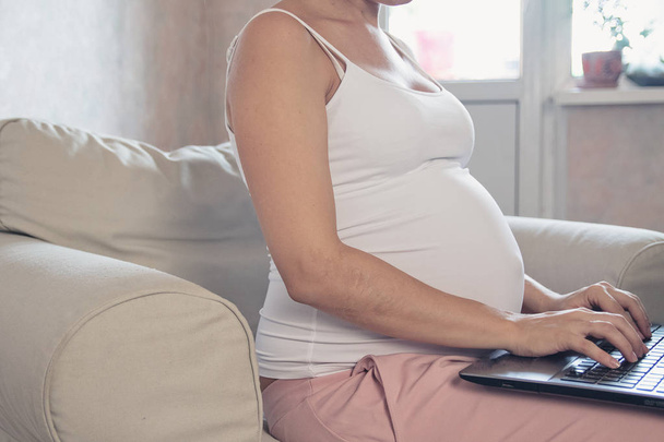 Young beautiful pregnant woman working on laptop. Pregnant business woman searching information and online shopping on laptop prepare for childbirth and parenting on sofa at home - Photo, Image