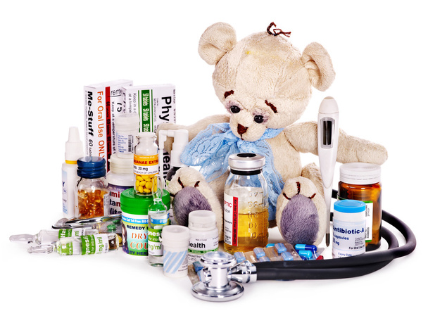 Child medicine and teddy bear. - Photo, Image