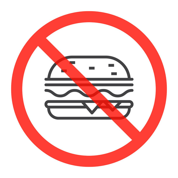 Ikona čáry Burger v zákazu červený kruh, žádný zákaz rychlého občerstvení nebo stopce, zakázaný symbol. Vektorové ilustrace izolované na bílém - Vektor, obrázek