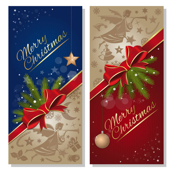 Noel afiş ayarlayın. Mutlu Noeller. Noel ve yeni yıl için uçan melek, Ladin şube, kırmızı kurdele ve yay ve tasarım öğeleri ile şenlikli kırmızı ve mavi arka plan. Vektör flyer şablonu - Vektör, Görsel