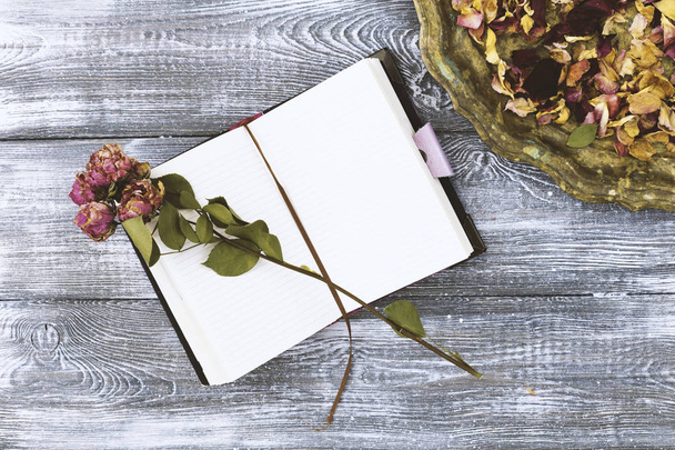 Bovenaanzicht van vintage dienblad met bloemblaadjes van roze droogbloemen en een dagboek of een laptop en een gedroogde roze bloem op een grijze houten tafel. Platte ontwerp. Kopiëren van ruimte - Foto, afbeelding