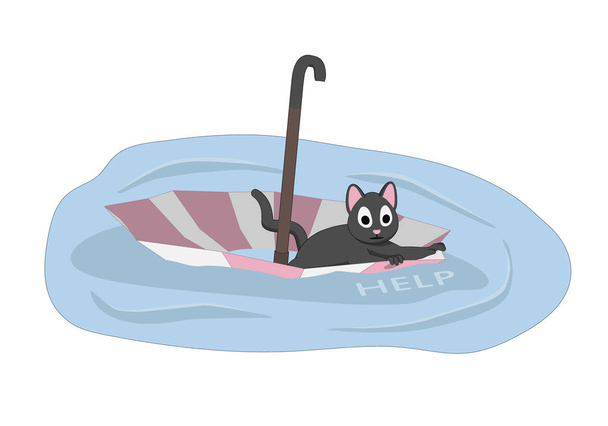 Eine Katze schwebt auf einem Regenschirm. die Katze braucht Hilfe und will adoptiert werden. - Vektor, Bild