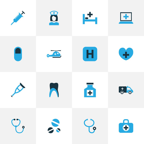 Icone antibiotiche colorate set con artiglio, infermiera, stampella e altri elementi ascoltatori. Isolato vettore illustrazione antibiotico icone
. - Vettoriali, immagini