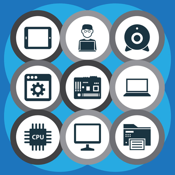 Computer icons set with printing machine, cpu, motherboard and other tab elements. Isolated  illustration computer icons. - Photo, Image