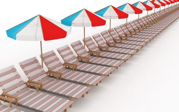 row from many deck-chairs with parasols - Fotografie, Obrázek