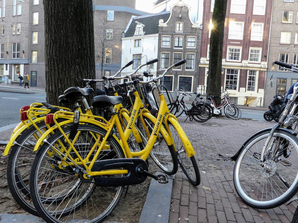 amsterdam, Niederlande - 12. Dezember 2018: gelber Fahrradverleih in amstetdam. 3 Leihräder an Laternenpfahl in der Stadt angekettet - Foto, Bild