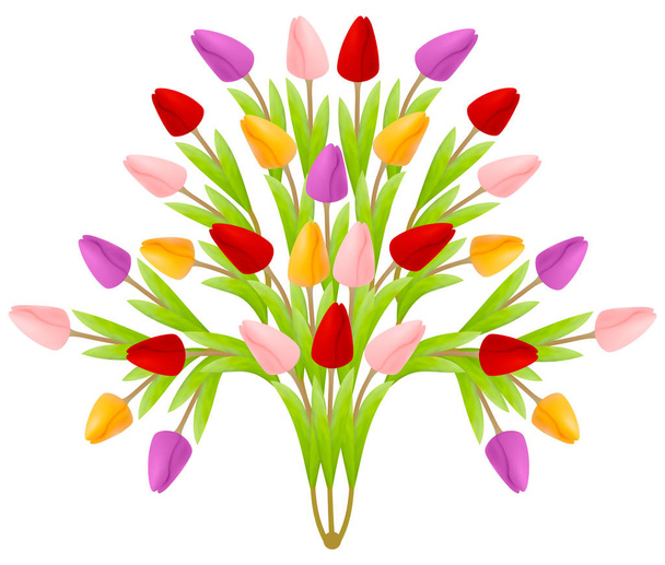 Prachtige bloemen boeket tulpen in de vorm van een boom van bloemen, heldere kleurrijke veelkleurige geïsoleerd op een witte achtergrond. Geschikt voor de registratie van een wenskaart van 8 maart. Vector - Vector, afbeelding