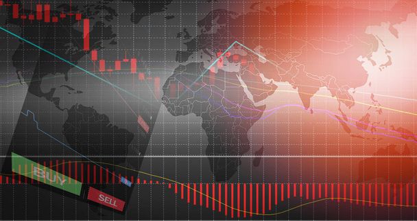 Forex trading / forex charts graph board data on world map background BUY and SELL options on display screen - Stock exchange market analysis / Money forex trading financial crisis losing moving - Photo, Image