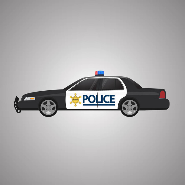 Polizeiauto-Vektor, Seitenansicht. Die Polizei ermittelt. Blaulicht, Sirene und Embleme. flache Abbildung - Vektor, Bild