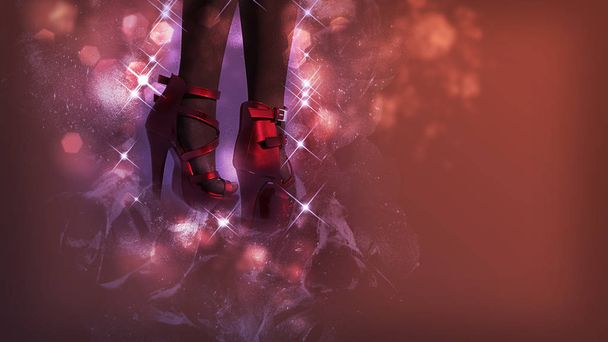 Vrouwelijke benen dragen van rode schoenen bij bokeh achtergrond met sterren - 3d rendering - Foto, afbeelding