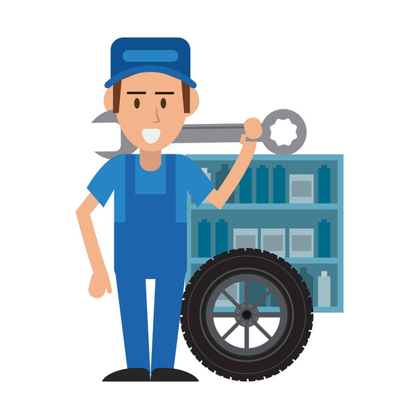 Car mechanic with wrench and wheel vector illustration graphic design - Vector, Image