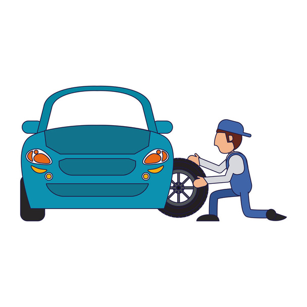 Car mechanic fixing wheel on vehicle vector illustration graphic design - Vector, Image