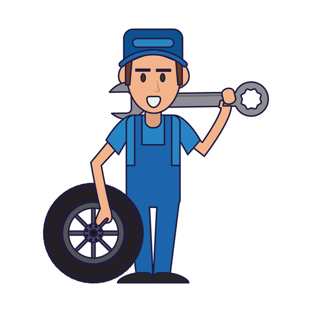 Mecánico de coche con llave inglesa y rueda de neumáticos vector ilustración diseño gráfico
 - Vector, Imagen