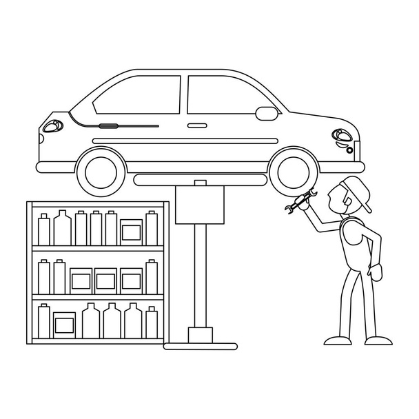 Kfz-Mechaniker ficinr Fahrzeug mit Schraubenschlüssel Vektor Illustration Grafik-Design - Vektor, Bild