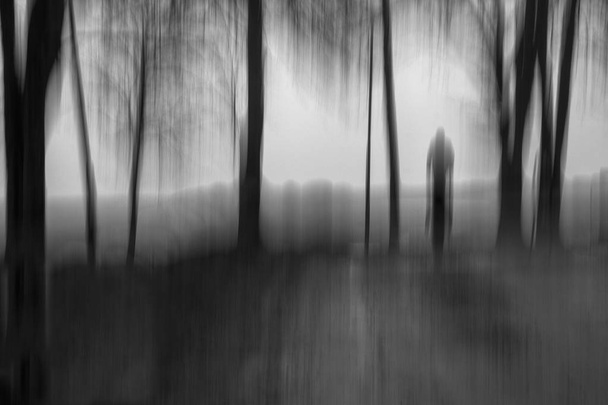 Creatieve getextureerde zwart-wit beeld in motion blur phantom wandelen tussen bomen in de mist. - Foto, afbeelding