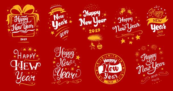 New Year 2019 lettering designs set. Vector white and yellow illustrations for posters t-shirt or postcard on a red background. Calligraphic hand drawn font - Vector, Image