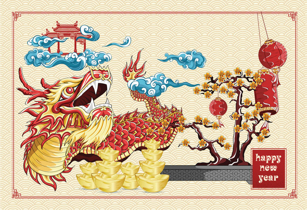 Chinees Nieuwjaar met varken en jouney in het westen achter de Leeuw en draak dans gouden blokken bloemen Nieuwjaar op achtergrond Nieuwjaar - Foto, afbeelding
