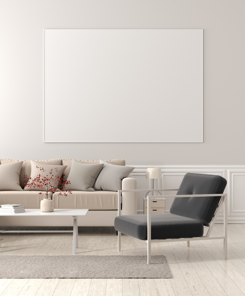 Simular marco de póster en el interior de la sala de estar de estilo escandinavo. Ilustración 3D
 - Foto, Imagen